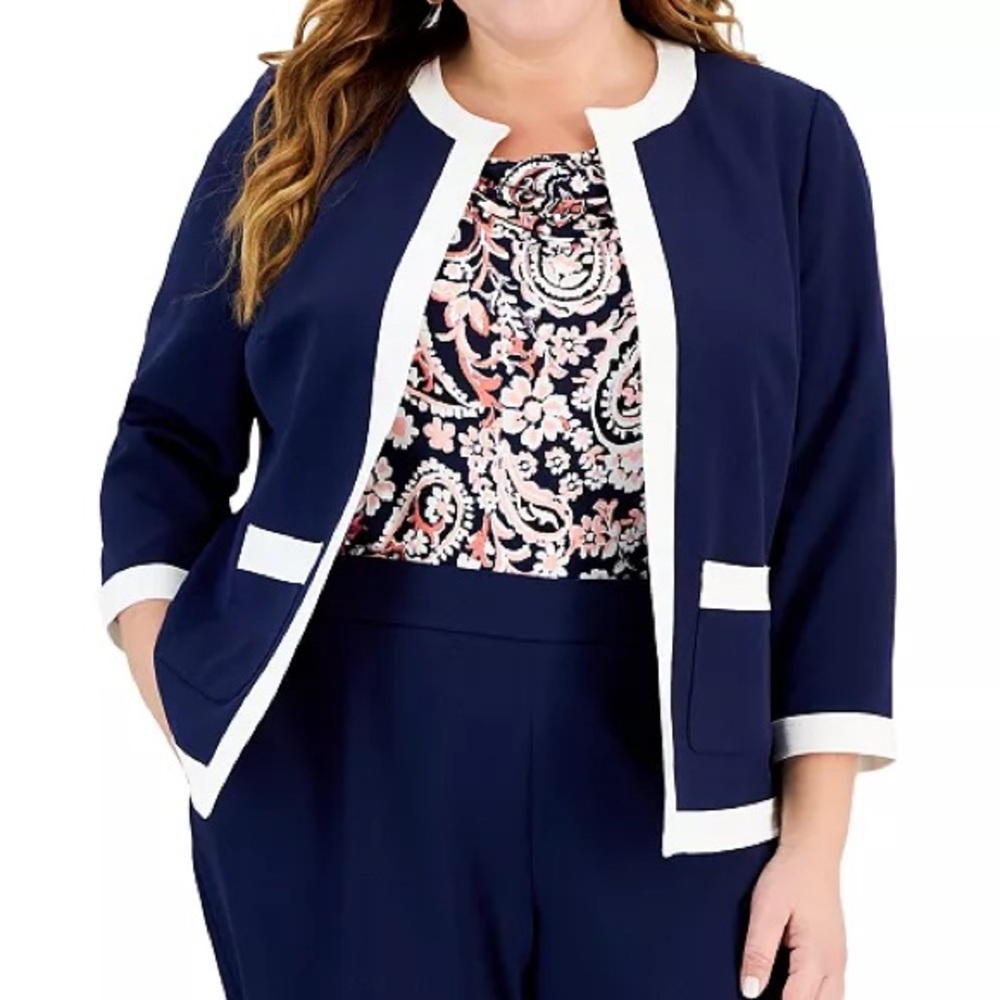 NWT Kasper Women’s Kasper Plus Size 16W Contrast-Trim Framed Open-Front Blazer